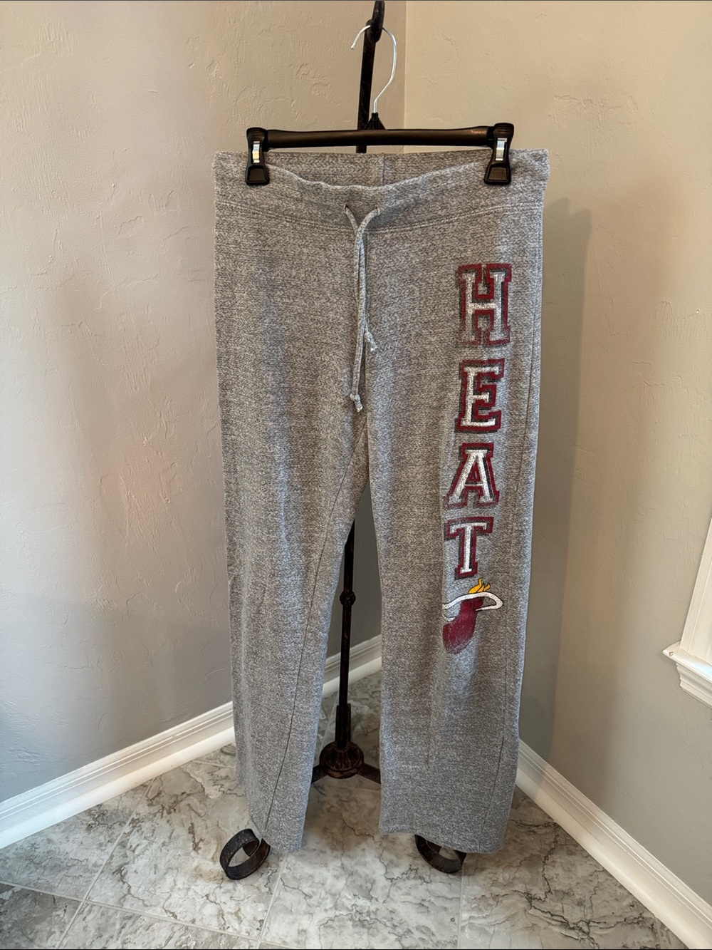NBA Gray Heather Miami Heat Pull on Pants with Drawstring. Size medium.